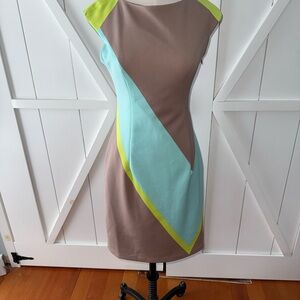 Maggy London Asymmetrical Dress in Brown, Blue, and Yellow